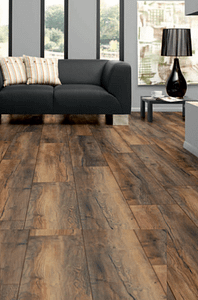 Laminate floor in a dark brown colour.