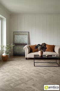 Amtico Form light brown Gotland Oak Basket Weave effect flooring in a modern living room.