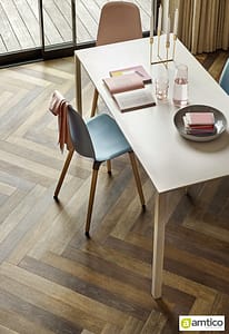 Amtico herringbone wood effect flooring with Noble Oak & Hampton Oak, in a home office.