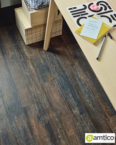 Amtico Spacia dark brown Scorched Timber flooring with a plank pattern in a home office setting.
