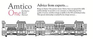 An introduction to the Amtico One brand showing a drawing of a row of old buildings in black and white.