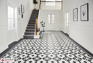 Black and white Karndean Heritage flooring with tiled design in a traditional styled residential entrance hall.