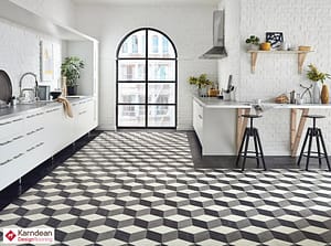 Black and white Karndean Kaleidoscope Cubix flooring in a modern style kitchen dinner featuring a large picture window.