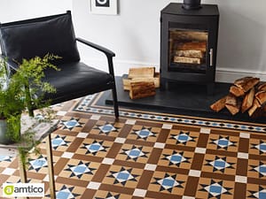 Amtico Classic Sepia flooring with a multi coloured tiled pattern in a traditional living room setting.